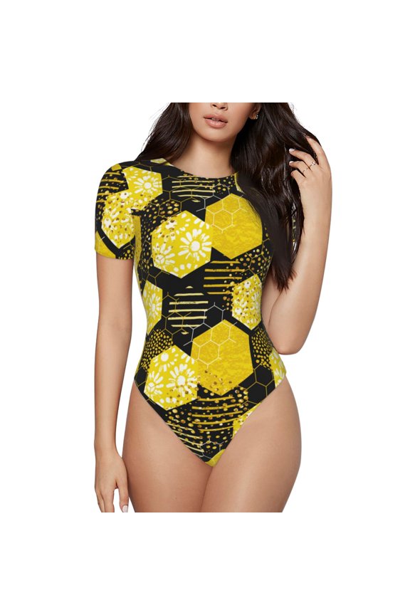 Geometric Pattern with Bee Prinr Short Sleeve Body suit for Womens, Sexy Onesie One Piece Round Neck Bodysuit Shapewear Tummy Control-Large