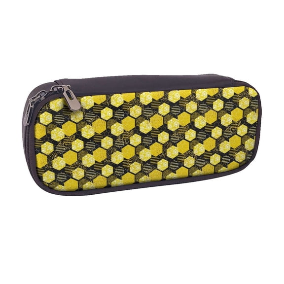 Vsdgher Geometric Pattern with Bee Print Pen Case Leather Pencil Pouch Markers Holder Big Capacity Bag with Zippered Pocket for Stationery Tool
