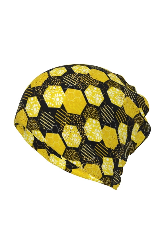 Geometric Pattern with Bee Slouchy Beanie Hat for Men/Women, Skull Cap Chemo Cap Night Sleeping Cap