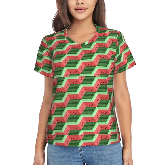 Vsdgher Geometric Watermelon Women Shirts V Neck Short Sleeve Tops T-Shirt Basic Tees, S to 3XLXX-Large