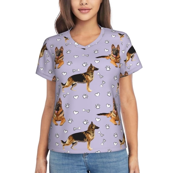 Vsdgher German Shepherd Dog Women Shirts V Neck Short Sleeve Tops T-Shirt Basic Tees, S to 3XLSmall