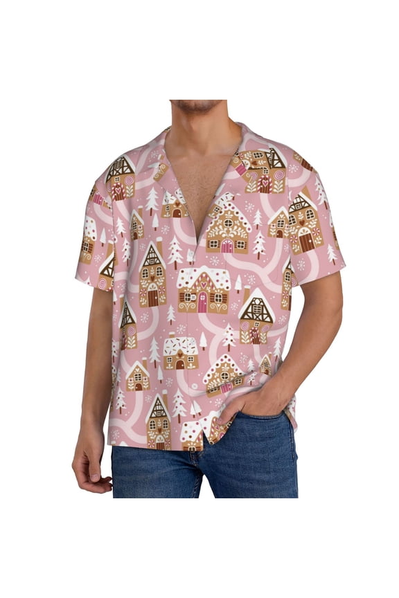 Gingerbread Houses Pink Wonderland Men's Cuban Shirt, Hawaiian Shirts, Business Casual Button Down Shirts, Short Sleeve Shirt-Large