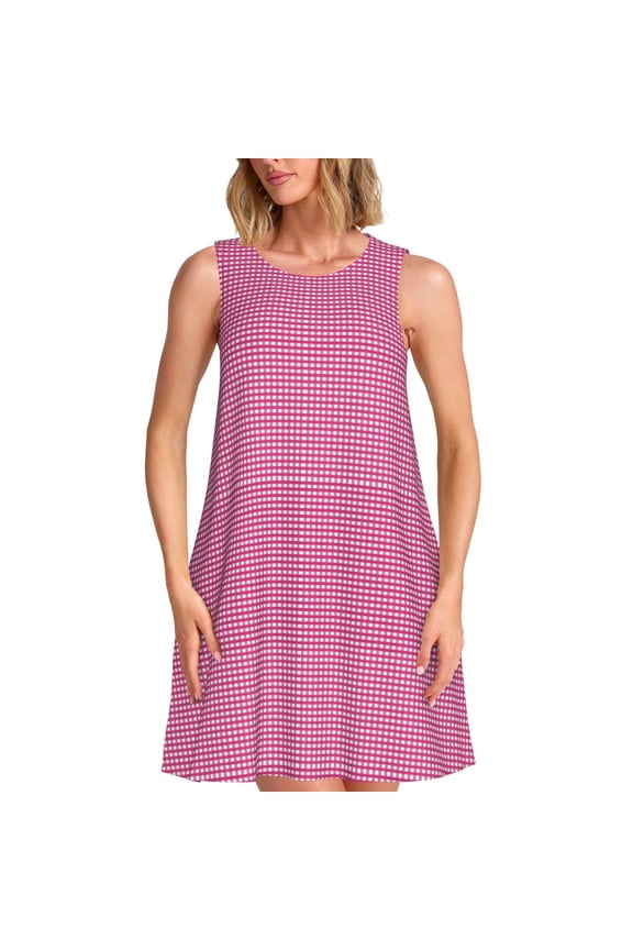 Gingham Print Summer Dresses for Women Casual U Neck Beach Dress Sleeveless Tank Loose Sundress with Pocket -Medium