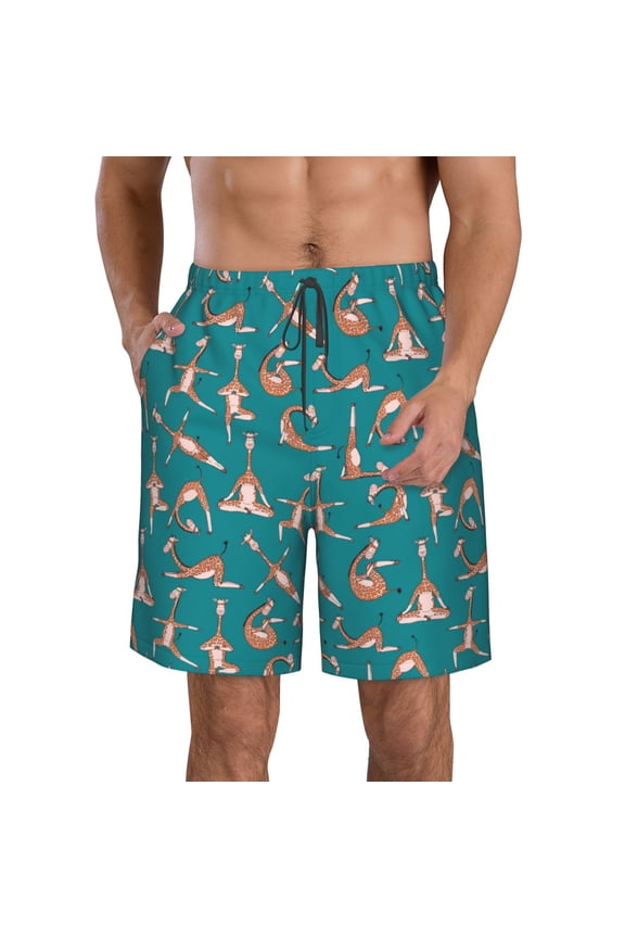 Giraffes Doing Various Yoga Men's Beach Shorts, Surfing shorts, Swim trunks, Quick Dry Swim Trunks for Surfing Beach Fun -Large