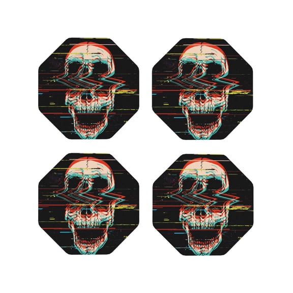 Vsdgher Glitch Screaming Skull Leather Coasters for Drinks, Durable Drink Coasters 4 Set for Tabletop Protection, Luxurious Home Décor and Housewarming Gift ( {designName})Octagon