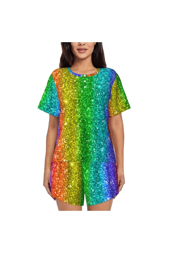 Glitter Rainbow Pattern Womens Pajamas 2 Piece Short Sleeve Sleepwear Set,Summer Soft Pajamas Set Casual Lounge Sets, 2-Piece Pj -3X-Large