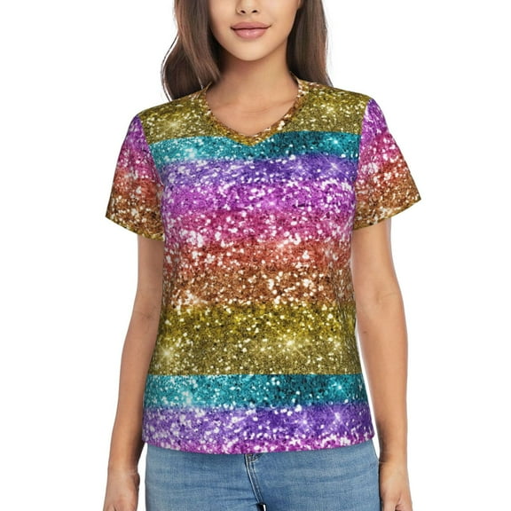 Vsdgher Glitter Rainbow Women Shirts V Neck Short Sleeve Tops T-Shirt Basic Tees, S to 3XLSmall
