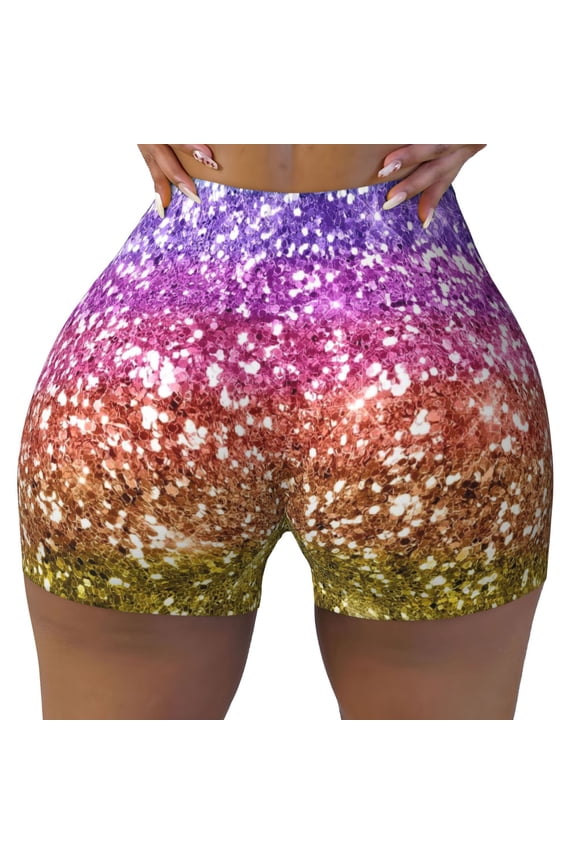 Glitter Rainbow print Workout Shorts for Women Seamless Soft Smooth Gym Yoga Scrunch Active Exercise Fitness Shorts