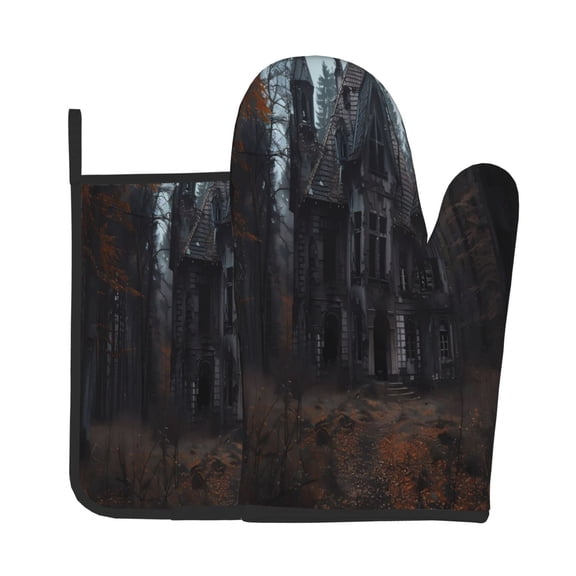 Vsdgher Gloomy Mansion Forest Scene Oven Mitts and Pot Holders 2 pcs Set,High Heat Resistant Kitchen Oven Glove for Baking and Cooking