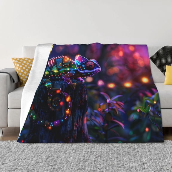 Vsdgher Glowing Chameleon Fantasy Art Pattern Fleece Throw Blanket, Horizontal Fleece Bedding Home Decor for Couch & Bed All Season Use -80"x60"