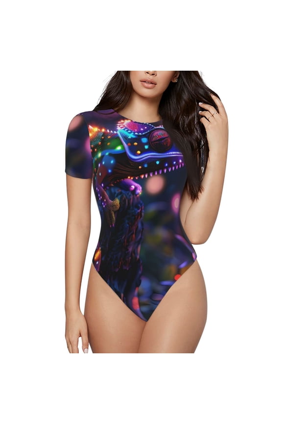 Glowing Chameleon Fantasy Art Prinr Short Sleeve Body suit for Womens, Sexy Onesie One Piece Round Neck Bodysuit Shapewear Tummy Control-X-Large