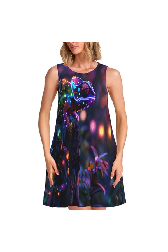 Glowing Chameleon Fantasy Art Print Summer Dresses for Women Casual U Neck Beach Dress Sleeveless Tank Loose Sundress with Pocket -Large