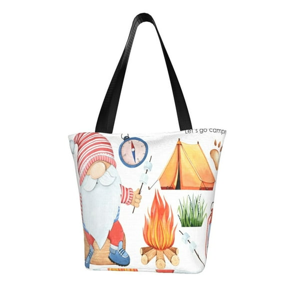 Vsdgher Gnome Camping print Reusable Shopping Grocery Bags for Women Shopping with Pouch Foldable Pouch Lightweight Polyester Fabric
