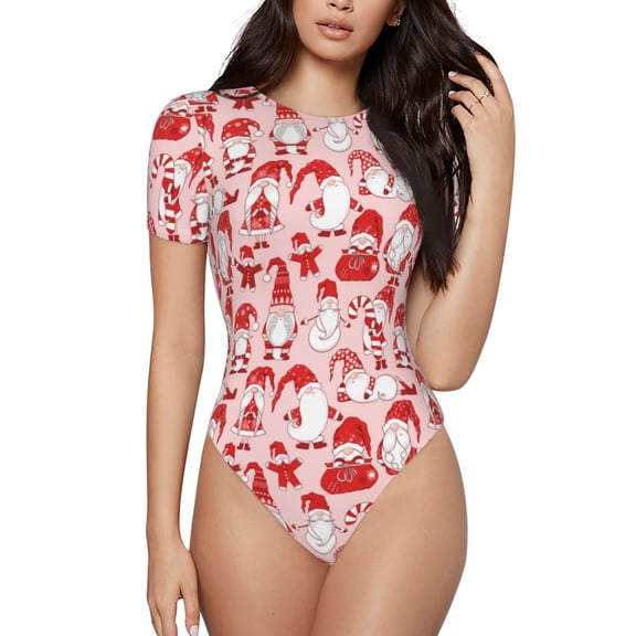 Vsdgher Gnome Merry Christmas Prinr Short Sleeve Body suit for Womens, Sexy Onesie One Piece Round Neck Bodysuit Shapewear Tummy Control-Medium