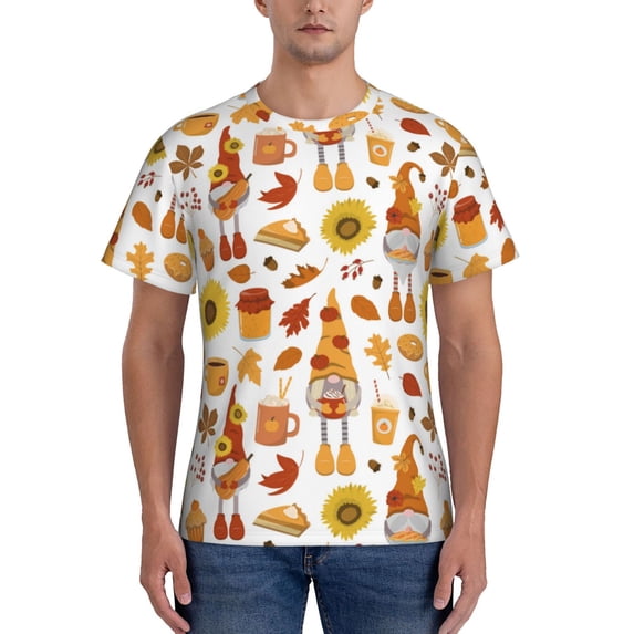 Vsdgher Gnomes Autumn Harvest Print Men's Dry Fit Mesh Athletic Shirts Moisture Wicking Tennis T-Shirt Tops