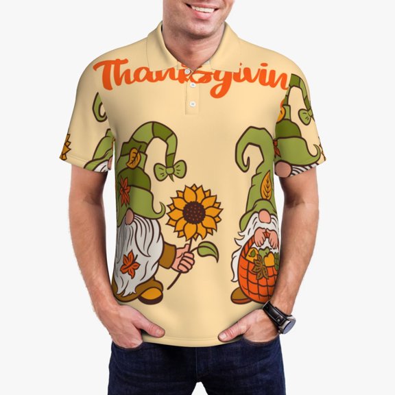 Vsdgher Gnomes Happy Thanksgiving Polo Shirts for Men, Men's Short Sleeve Stretch Polo Shirt, Shirts for Men-