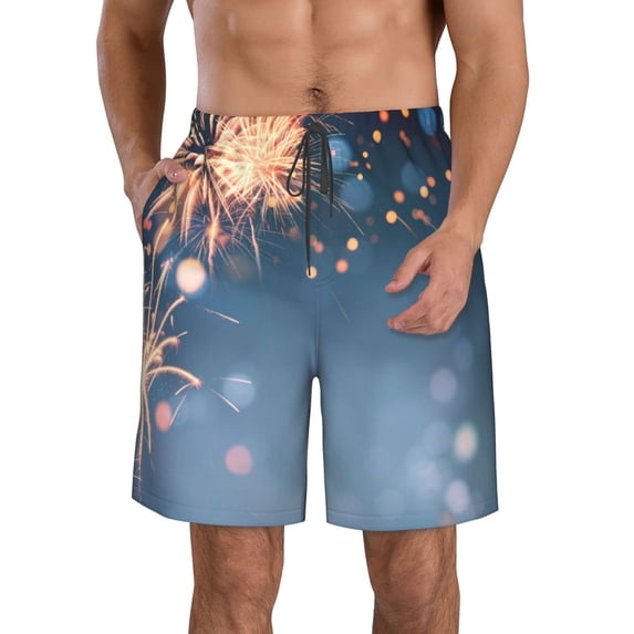 Vsdgher Gold And Blue Fireworks Men's Beach Shorts, Surfing shorts, Swim trunks, Quick Dry Swim Trunks for Surfing Beach Fun -3X-Large