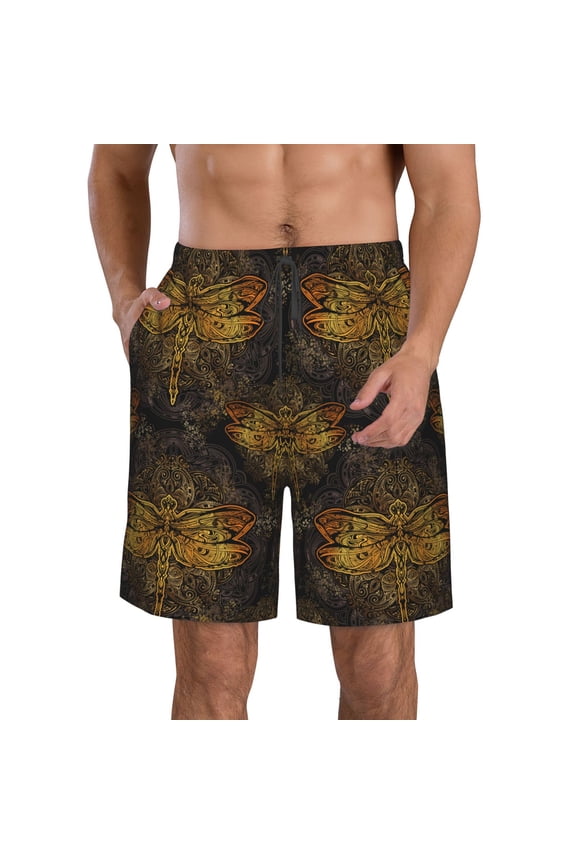 Gold Dragonfly Mandala Men's Beach Shorts, Surfing shorts, Swim trunks, Quick Dry Swim Trunks for Surfing Beach Fun -Medium