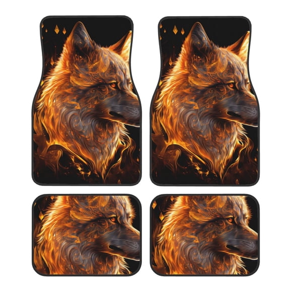 Vsdgher Gold Flame Pattern Wolf Car Foot Mat Set of 4 Pieces Universal Floor Liner Car Accessories Fits Most Cars, Trucks, Vans, sedans, SUV