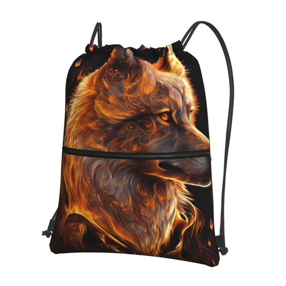 Vsdgher Gold Flame Pattern Wolf Drawstring Backpack Water Resistant String Bag Sports Sackpack Gym Sack for Men Women