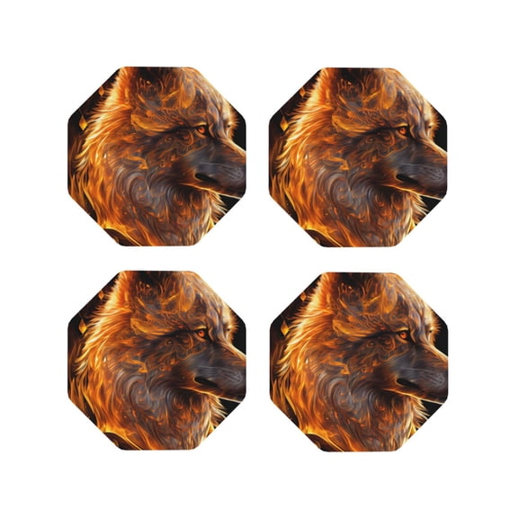 Vsdgher Gold Flame Pattern Wolf Leather Coasters for Drinks, Durable Drink Coasters 4 Set for Tabletop Protection, Luxurious Home Décor and Housewarming Gift ( {designName})Octagon