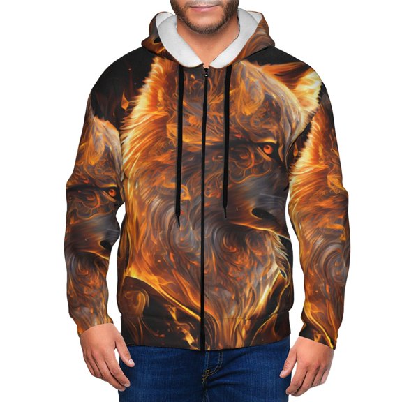 Vsdgher Gold Flame Pattern Wolf Mens Hoodies Zip Hoodie, Hoodies for Men, Zip-up Hooded Sweatshirt-
