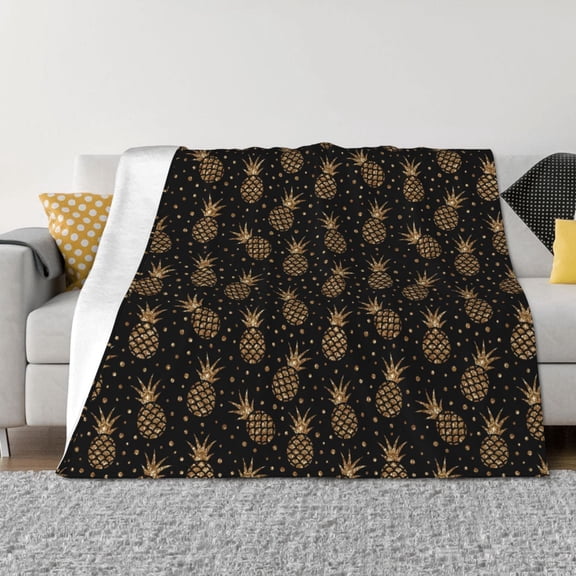 Vsdgher Gold Glitter Pineapples Pattern Fleece Throw Blanket, Horizontal Fleece Bedding Home Decor for Couch & Bed All Season Use -40"x30"