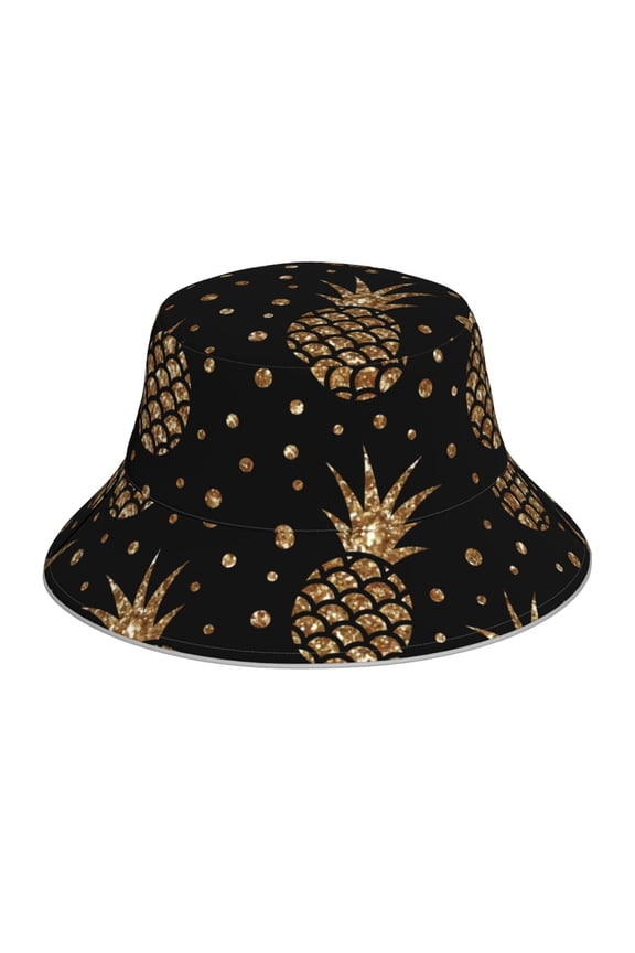 Gold Glitter Pineapples Print Bucket Hat for Men&Women Bucket Hat Reversible Summer Double-Side-Wear Travel Gardening, Beach, Camping, Hiking, Fishing Cap
