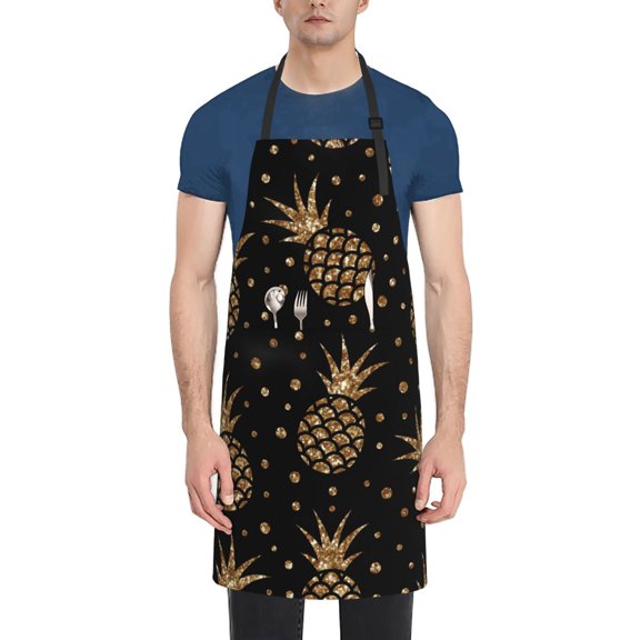 Vsdgher Gold Glitter Pineapples Waterproof Apron with 2 Pockets Kitchen Chef Aprons Bibs for Grooming Cooking Baking Painting Gardening