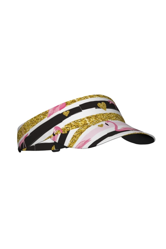 Gold Glittering Hearts and Flamingos Print Adult Sunscreen Visor Cap,1 Piece of Sport Sun Visor Hats Adjustable Sun Hat for Outdoor Activities Fits for Women and Men (One Size)