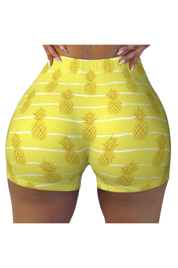 Gold Pineapple print Workout Shorts for Women Seamless Soft Smooth Gym Yoga Scrunch Active Exercise Fitness Shorts