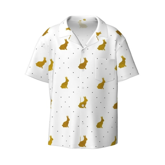 Vsdgher Gold Rabbit Print Men's Wrinkle Free Untucked Cuban Shirt Business Casual Button Down Shirts Short Sleeve Shirt