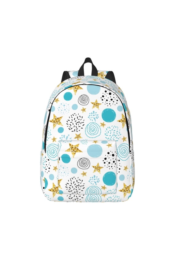 Gold Stars Blue Dots Pattern Print Canvas Backpack Travel Rucksack Unisex Knapsack 15.7/17.7Inch Laptop Backpack for Work,College -Small