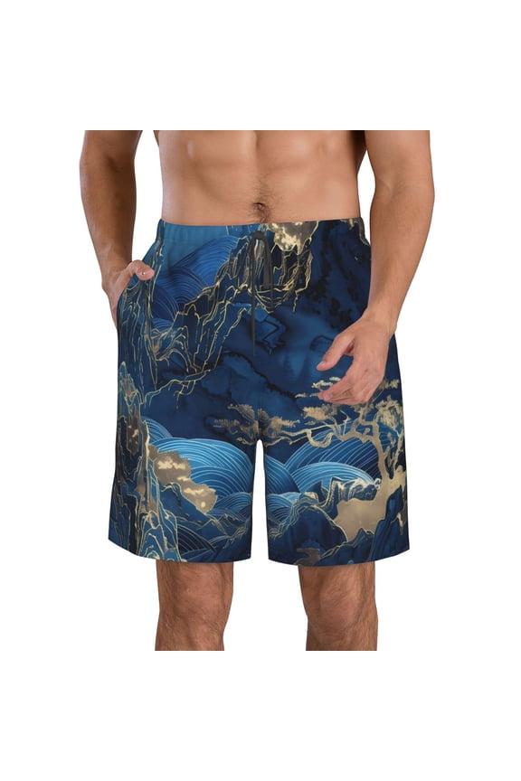 Golden Blue Mountains Men's Beach Shorts, Surfing shorts, Swim trunks, Quick Dry Swim Trunks for Surfing Beach Fun -Small