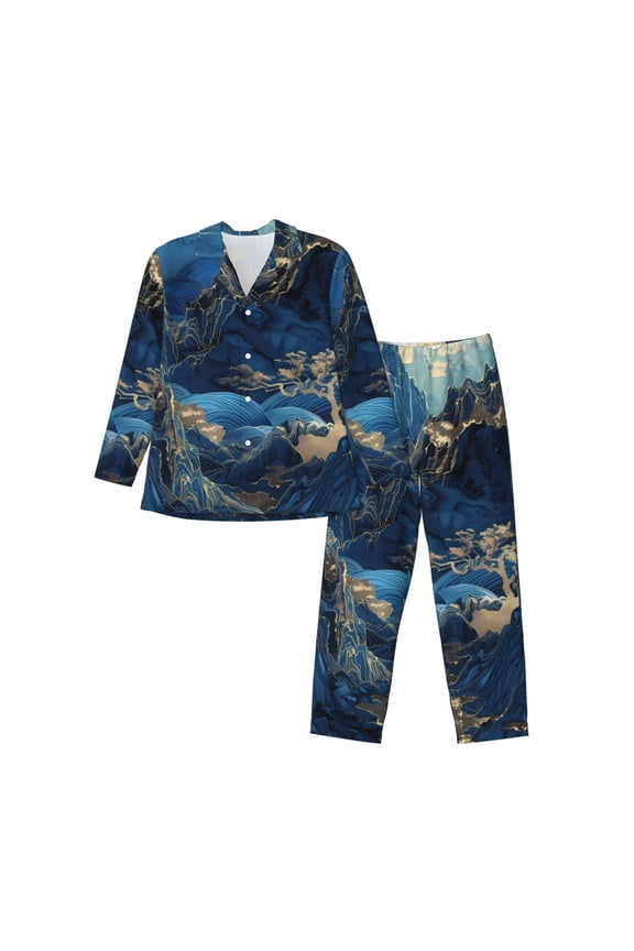 Golden Blue Mountains Mens Pajama Set, Soft Warm Long Sleeve Sleepwear, Cozy Button-Down Pjs for Men-
