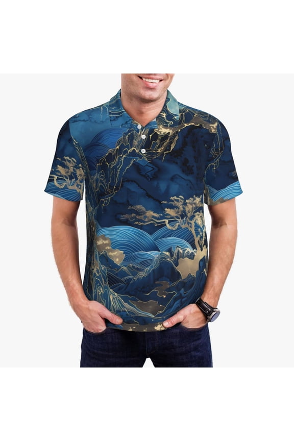 Golden Blue Mountains Polo Shirts for Men, Men's Short Sleeve Stretch Polo Shirt, Shirts for Men-Medium