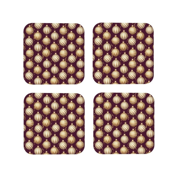 Vsdgher Golden Christmas Balls Leather Coasters for Drinks, Durable Drink Coasters 4 Set for Tabletop Protection, Luxurious Home Décor and Housewarming Gift-Square
