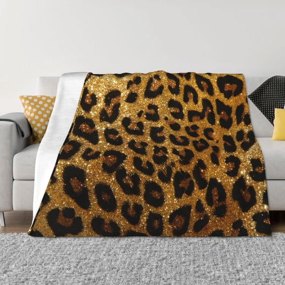 Vsdgher Golden Leopard Glitter Pattern Fleece Throw Blanket, Horizontal Fleece Bedding Home Decor for Couch & Bed All Season Use -60"x50"