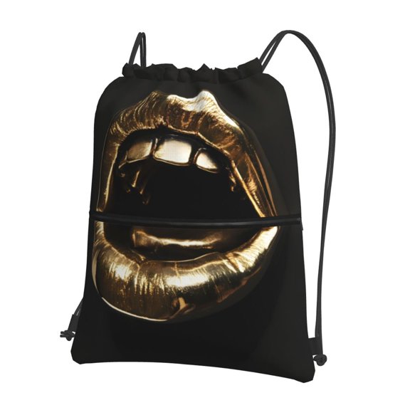 Vsdgher Golden Lips Modern Sculpture Drawstring Backpack Water Resistant String Bag Sports Sackpack Gym Sack for Men Women