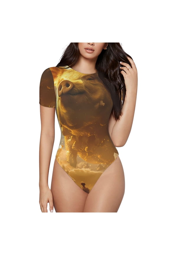 Golden Pig Cloud Fantasy Prinr Short Sleeve Body suit for Womens, Sexy Onesie One Piece Round Neck Bodysuit Shapewear Tummy Control-Large