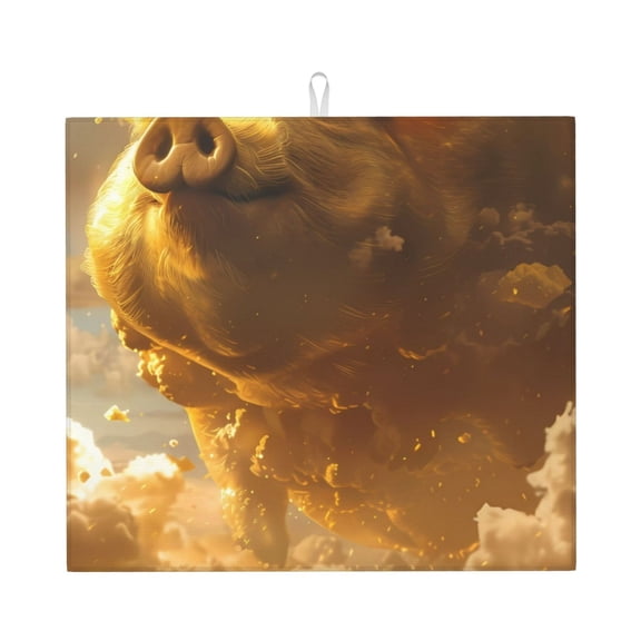 Vsdgher Golden Pig Cloud Fantasy Print Dish Drying Mat, Kitchen Counter Mat, Dish Drying Pad for Dishes, Utensils, Pots and Pans,16" x 18"