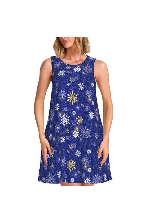 Golden Snowflakes Royal Blue Print Summer Dresses for Women Casual U Neck Beach Dress Sleeveless Tank Loose Sundress with Pocket -Large