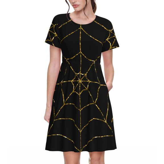 Vsdgher Golden Spider Web for Womens Summer 2025 Casual Midi Maxi Dresses Lightweight Short Sleeve Round Neck Beach Dress -3X-Large