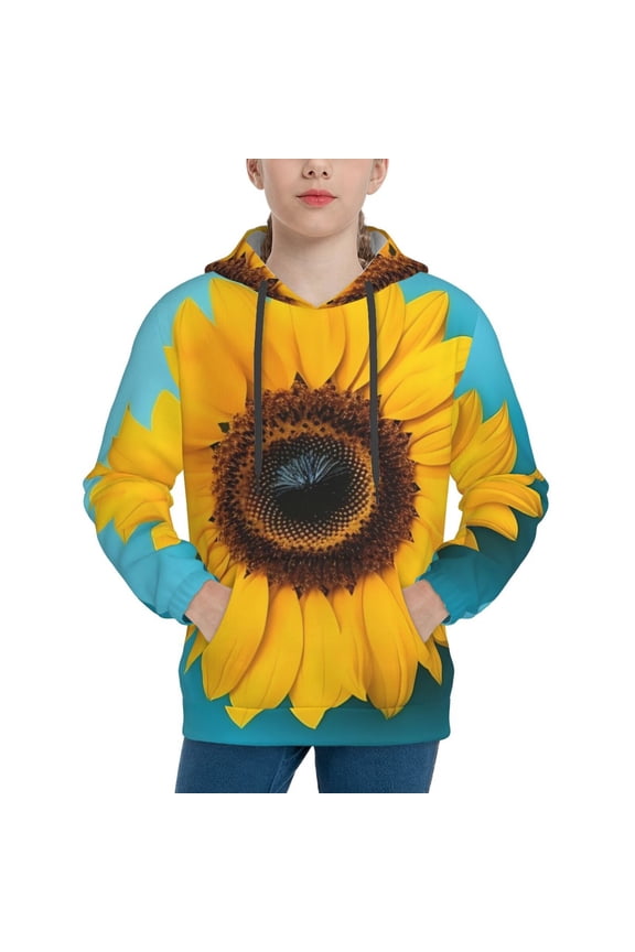 Golden Sunflower in Blue Hoodie Youth Classic Hooded Pullover Sweatshirts Essentials Hoodie for Children (s-xl)-Large