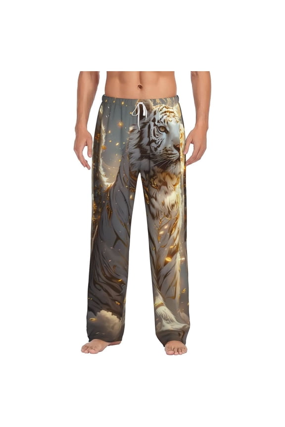 Golden White Tiger Print Mens Pajama Pants Sleep & Lounge Pants, PJ Bottoms With elastic waistb and Pockets