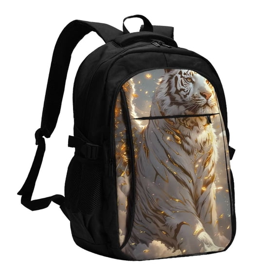 Vsdgher Golden White Tiger Print Travel Laptop Backpack, Laptops Backpack with USB Charging Port, Water Resistant Computer Bag Gift for Men & Women