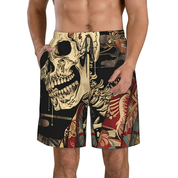 Vsdgher Gothic Eastern Floral Skull Men's Beach Shorts, Surfing shorts, Swim trunks, Quick Dry Swim Trunks for Surfing Beach Fun -Medium