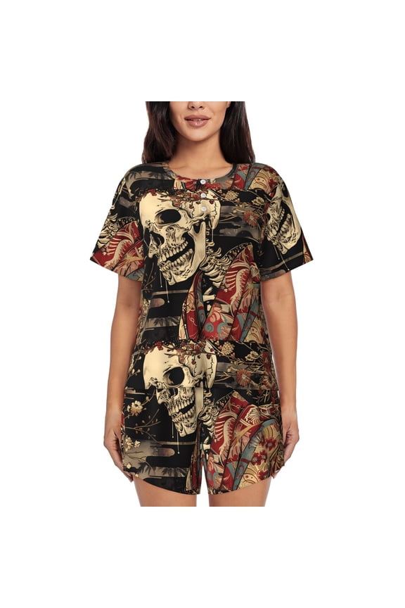 Gothic Eastern Floral Skull Pattern Womens Pajamas 2 Piece Short Sleeve Sleepwear Set,Summer Soft Pajamas Set Casual Lounge Sets, 2-Piece Pj -4X-Large