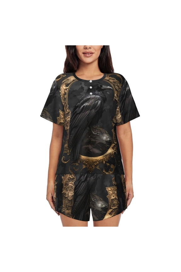 Gothic Raven Portrait Pattern Womens Pajamas 2 Piece Short Sleeve Sleepwear Set,Summer Soft Pajamas Set Casual Lounge Sets, 2-Piece Pj -XX-Large