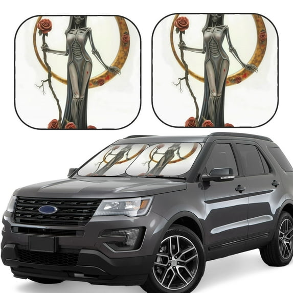 Vsdgher Gothic Skeleton With Roses Print Car Windshield Sun Shade, Reflective Sunshade Window Sunshade Sun Visor Protector Fit for Cars,Trucks,SUVs-Medium